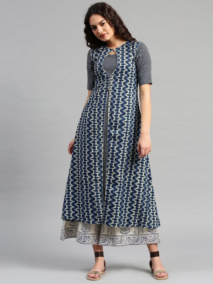 Navy Blue Printed Cotton Kurta