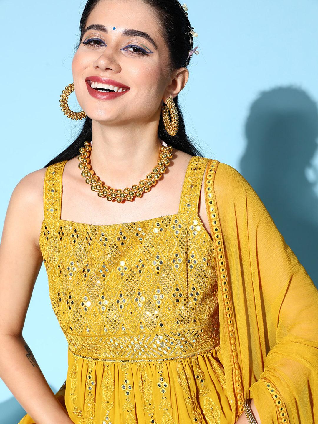 Mustard Embroidered Georgette Anarkali Kurta Set - ShopLibas