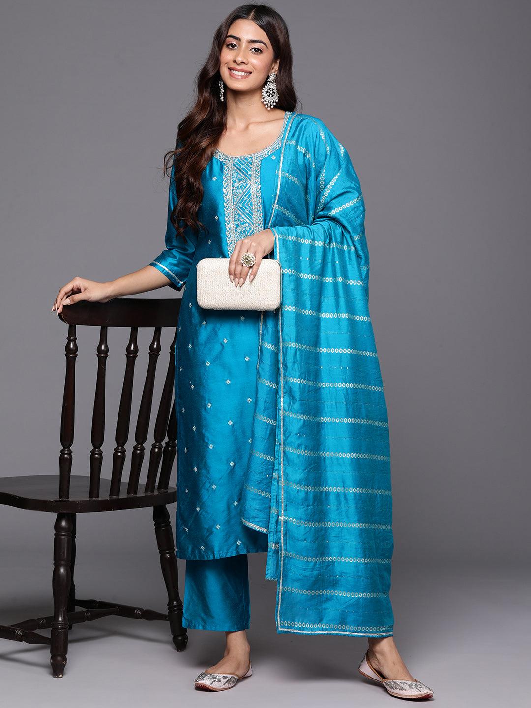 Blue Woven Design Silk Blend Straight Kurta With Trousers & Dupatta - ShopLibas