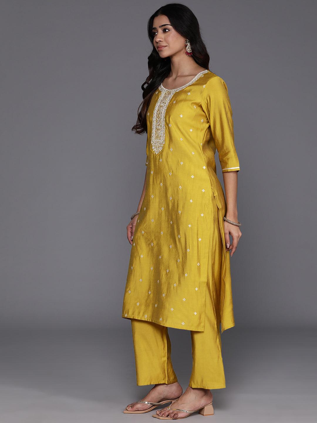 Yellow Yoke Design Silk Blend Straight Kurta With Trousers & Dupatta - ShopLibas
