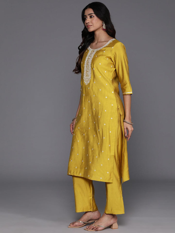Yellow Yoke Design Silk Blend Straight Suit With Dupatta