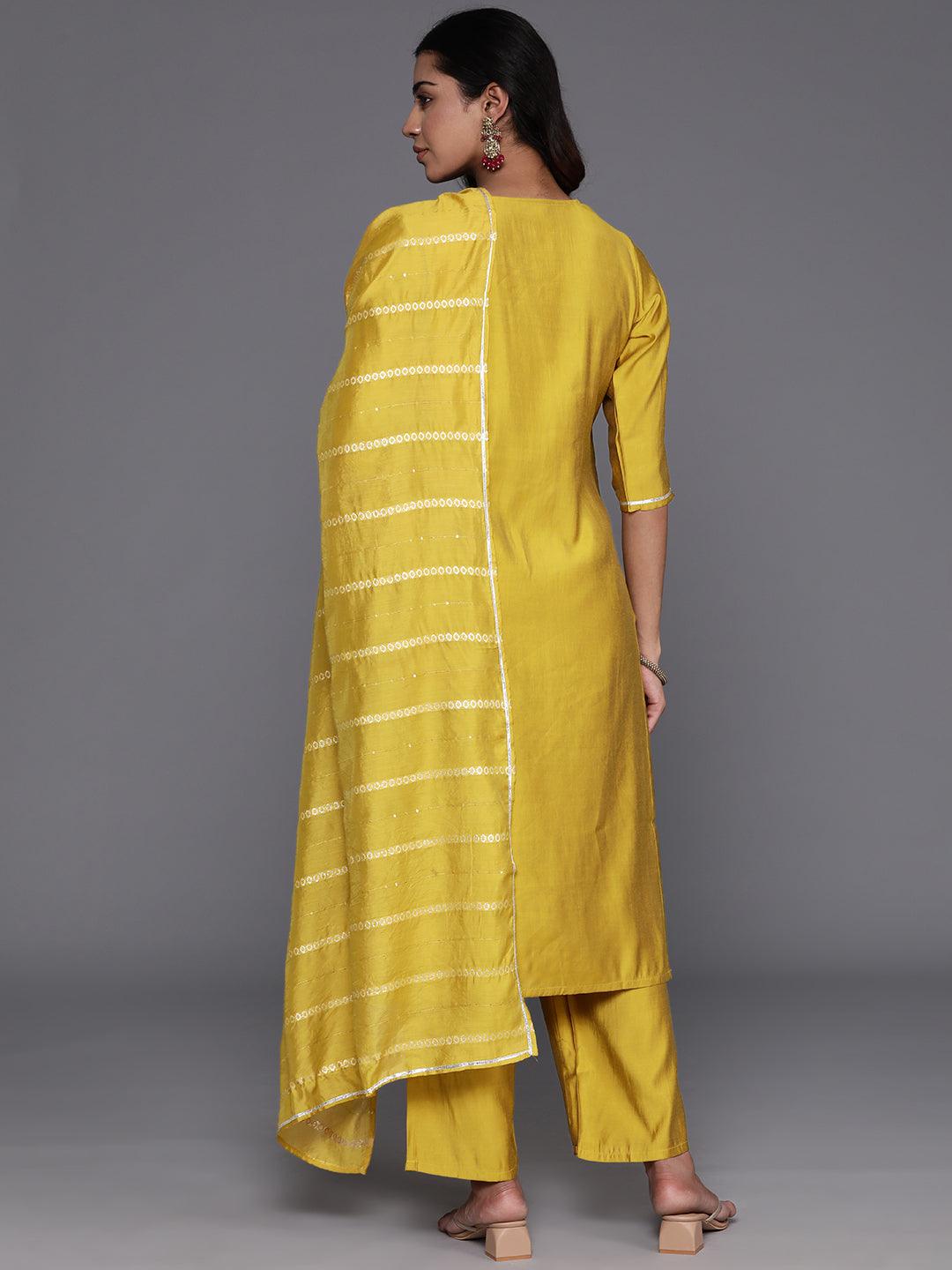 Yellow Yoke Design Silk Blend Straight Kurta With Trousers & Dupatta - ShopLibas