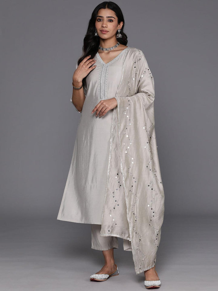 Grey Yoke Design Silk Blend Straight Suit With Dupatta
