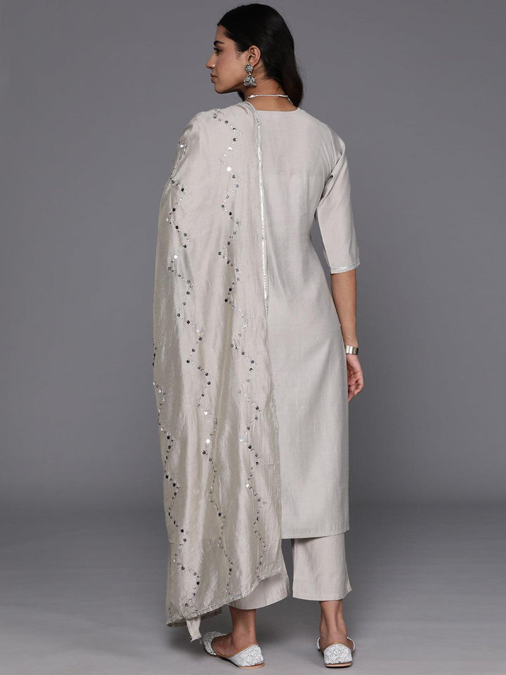 Grey Yoke Design Silk Blend Straight Suit With Dupatta