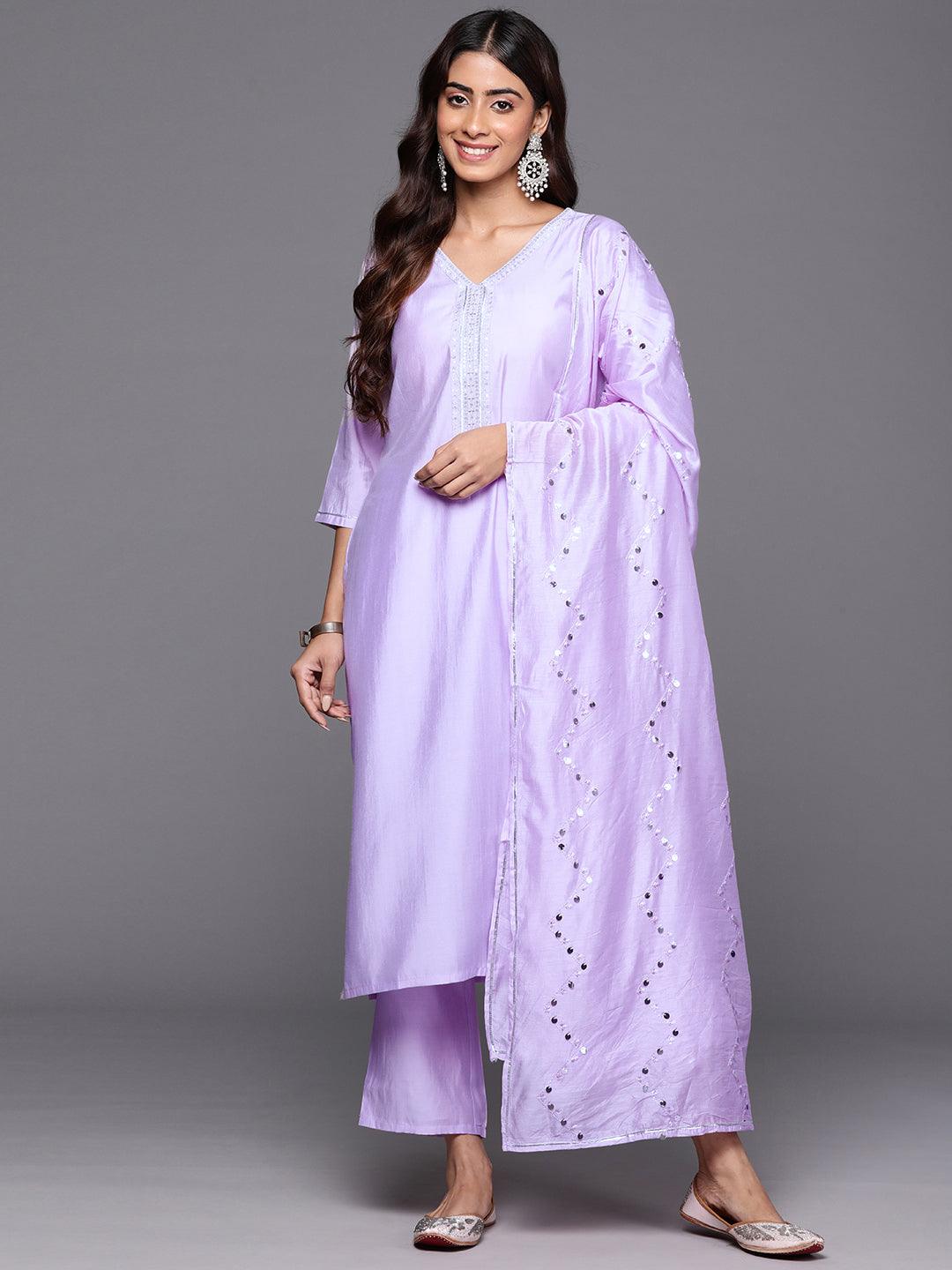 Lavender Yoke Design Silk Blend Straight Kurta With Trousers & Dupatta - ShopLibas
