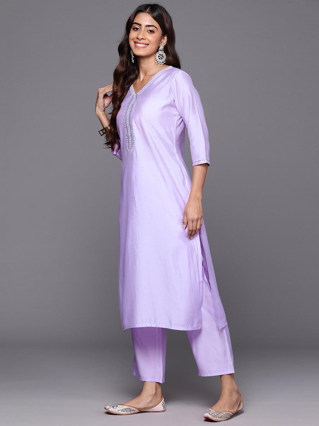 Lavender Yoke Design Silk Blend Straight Kurta With Trousers & Dupatta - ShopLibas