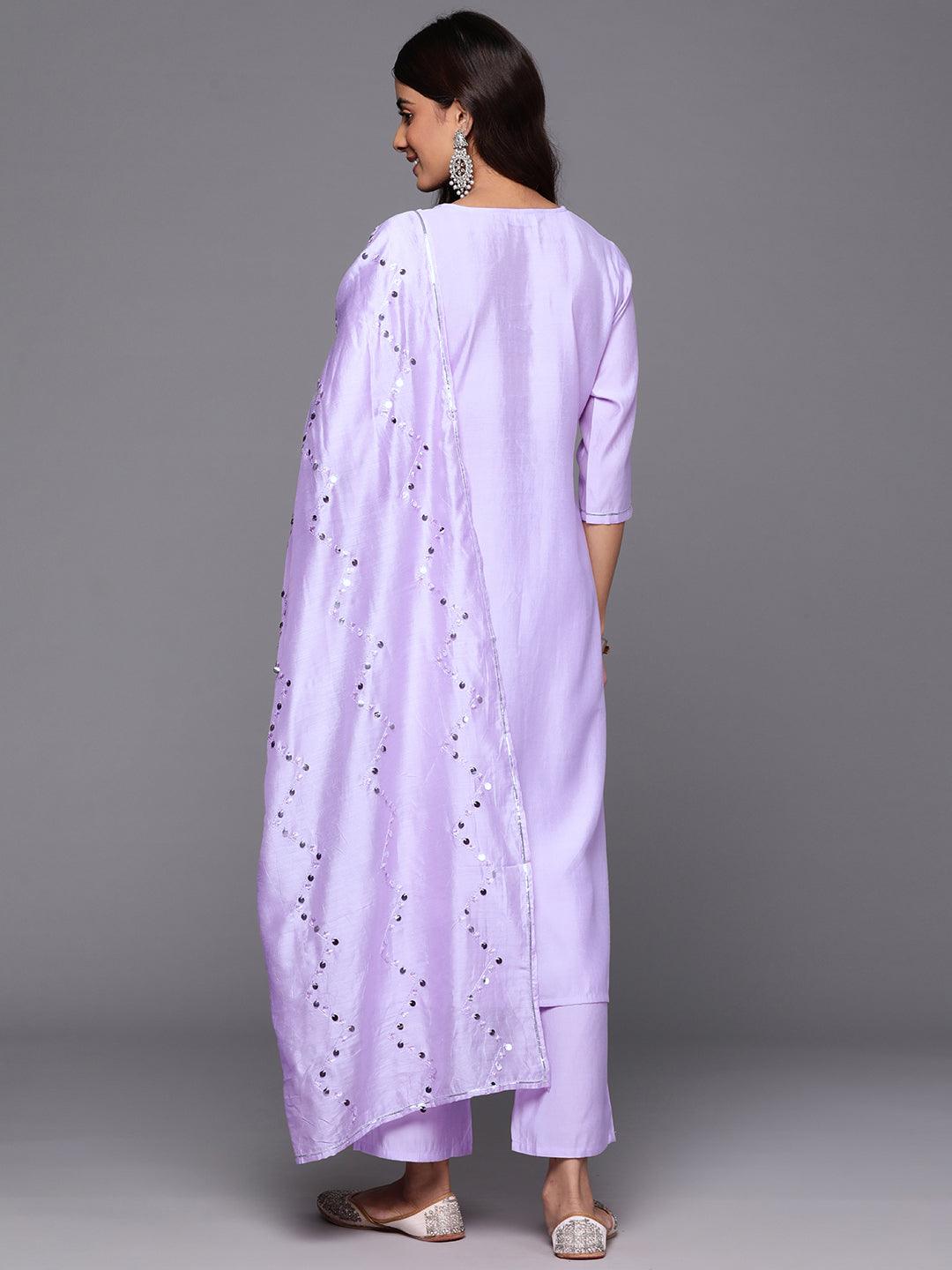 Lavender Yoke Design Silk Blend Straight Kurta With Trousers & Dupatta - ShopLibas