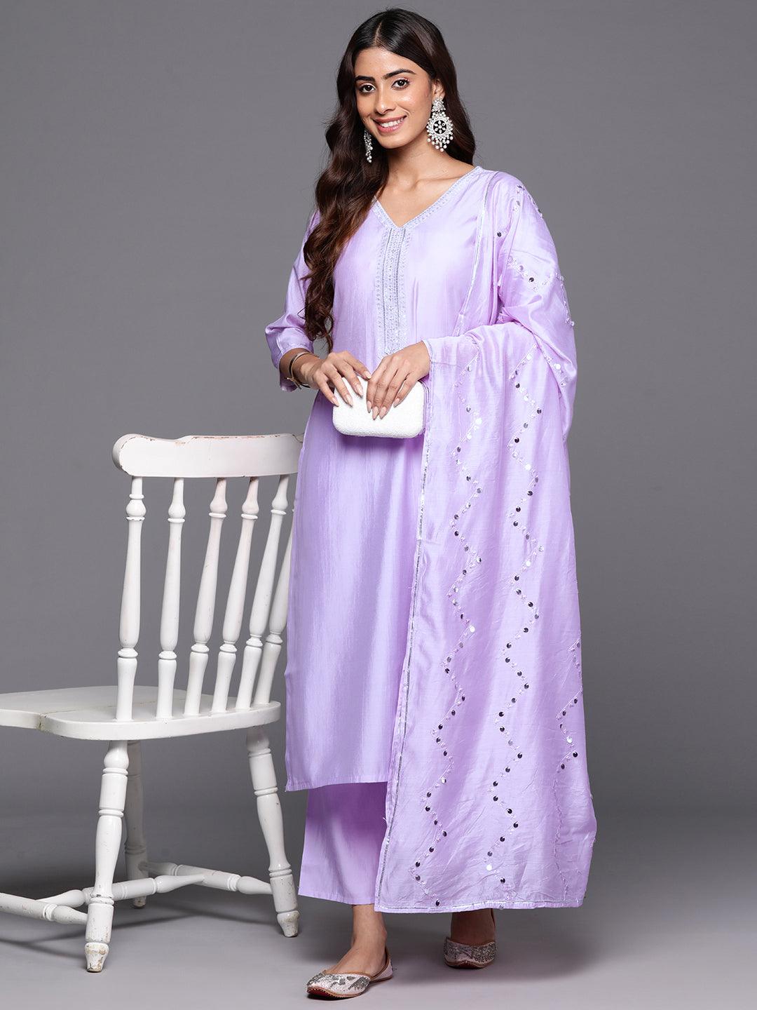 Lavender Yoke Design Silk Blend Straight Kurta With Trousers & Dupatta - ShopLibas