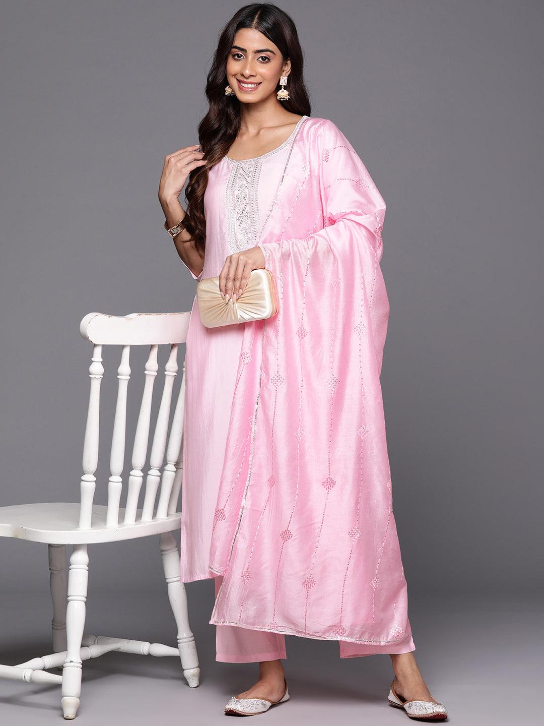 Pink Yoke Design Silk Blend Straight Kurta With Trousers & Dupatta - ShopLibas