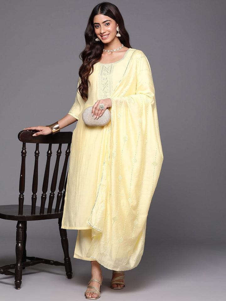 Yellow Yoke Design Silk Blend Straight Suit With Dupatta