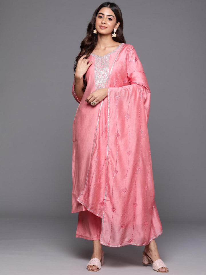 Pink Yoke Design Silk Blend Straight Suit With Dupatta