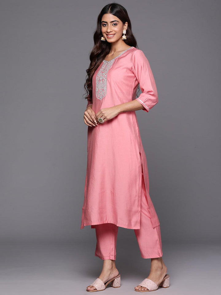 Pink Yoke Design Silk Blend Straight Suit With Dupatta