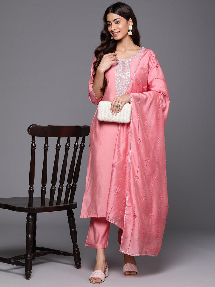 Pink Yoke Design Silk Blend Straight Suit With Dupatta