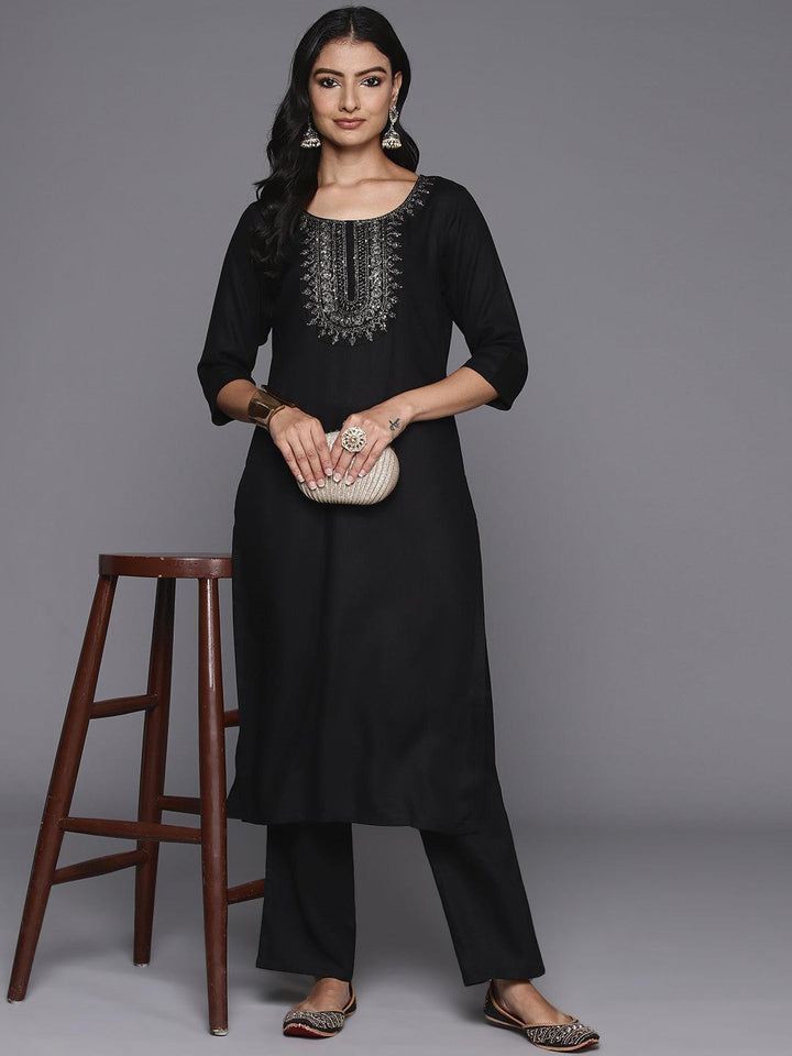 Black Yoke Design Wool Blend Straight Kurta Set