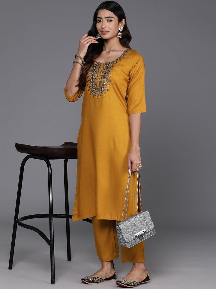 Mustard Yoke Design Wool Blend Straight Kurta Set