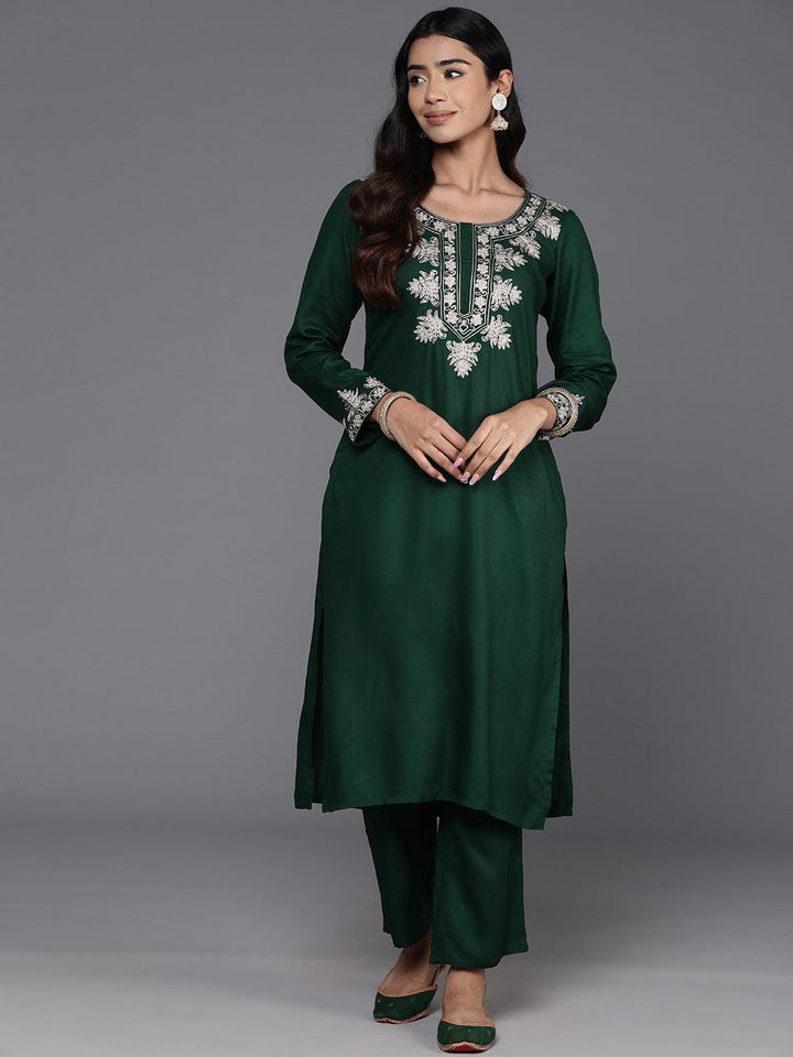 Green Yoke Design Wool Blend Straight Kurta Set
