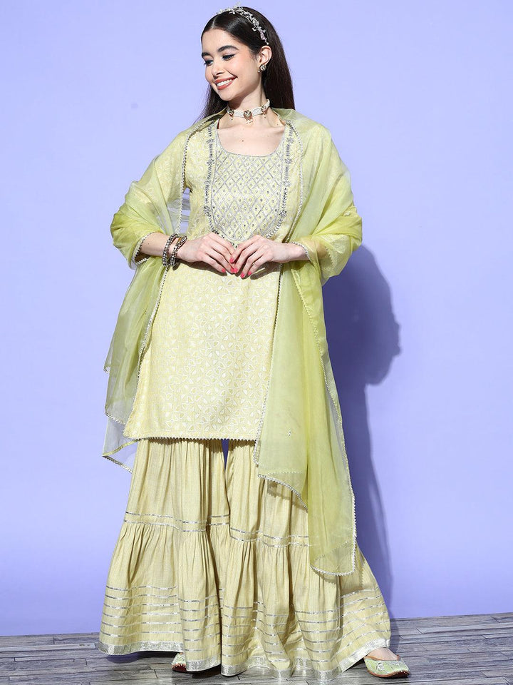 Green Yoke Design Cotton Blend Suit Set With Sharara