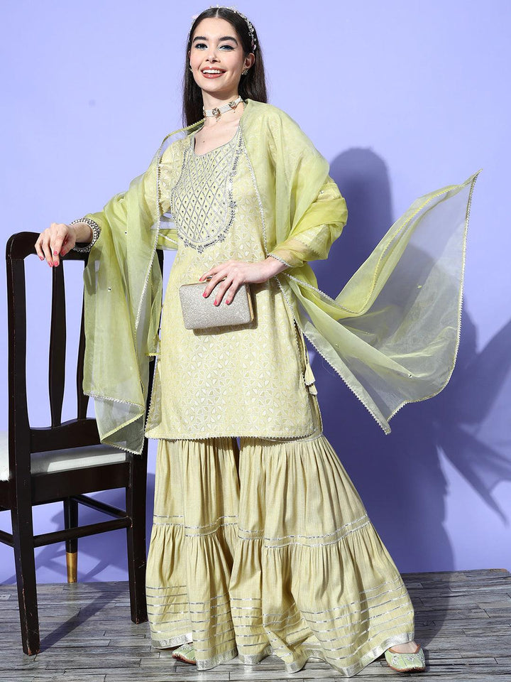 Green Yoke Design Cotton Blend Suit Set With Sharara