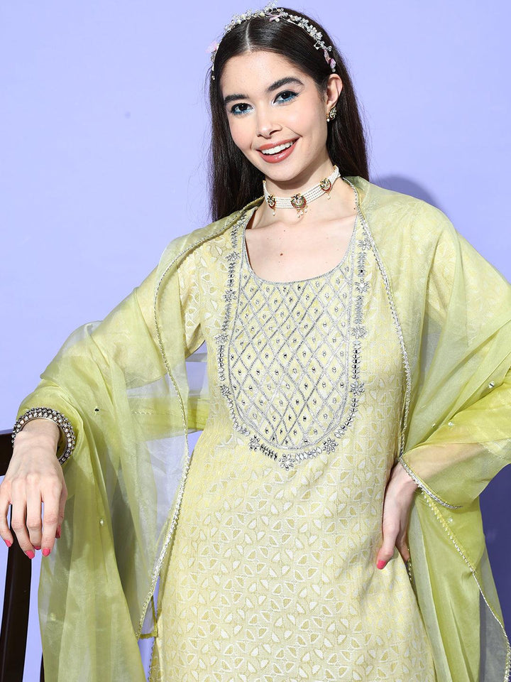 Green Yoke Design Cotton Blend Suit Set With Sharara