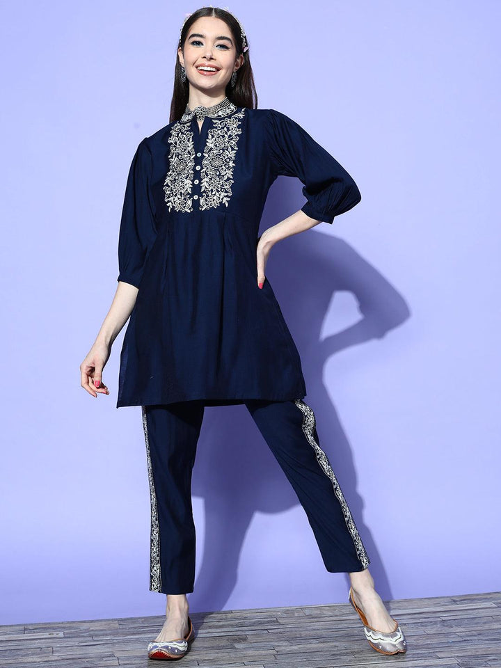 Navy Blue Embellished Silk Blend Co-Ords