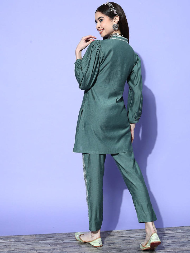 Green Embellished Silk Blend Co-Ords