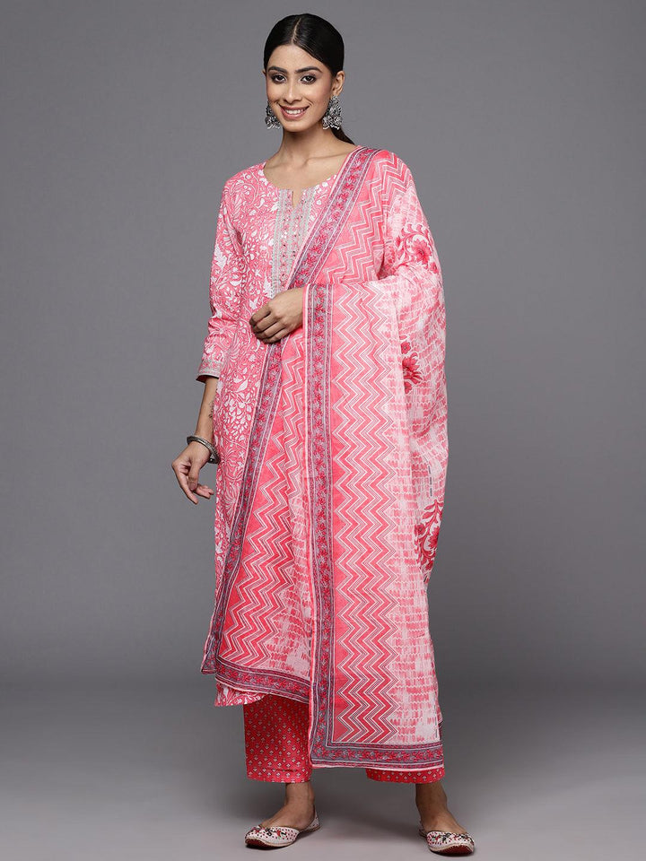 Pink Printed Cotton Straight Kurta With Trousers & Dupatta