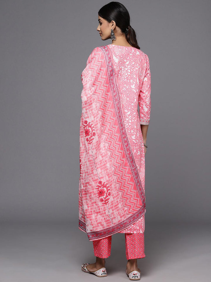 Pink Printed Cotton Straight Kurta With Trousers & Dupatta