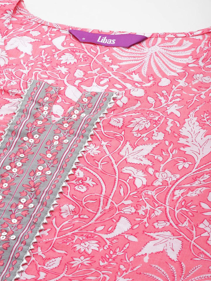 Pink Printed Cotton Straight Kurta With Trousers & Dupatta