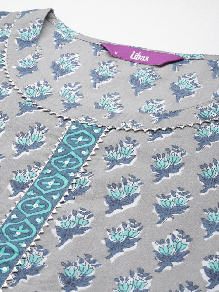 Grey Printed Cotton Straight Kurta With Trousers & Dupatta