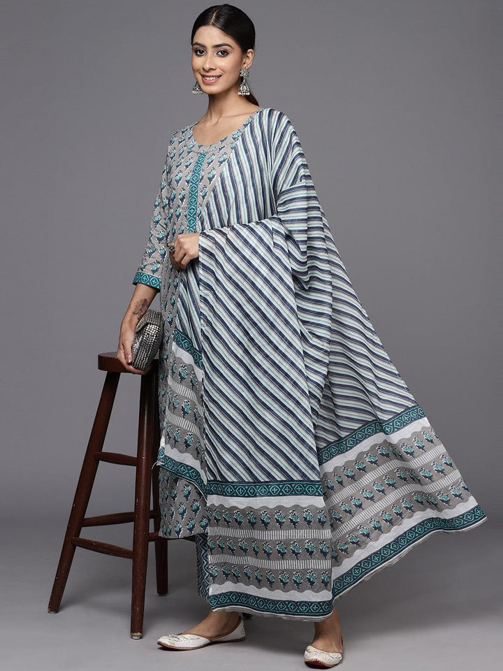 Grey Printed Cotton Straight Kurta With Trousers & Dupatta