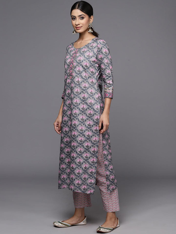 Grey Printed Cotton Straight Kurta With Trousers & Dupatta