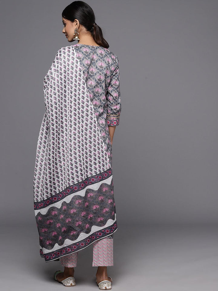 Grey Printed Cotton Straight Kurta With Trousers & Dupatta