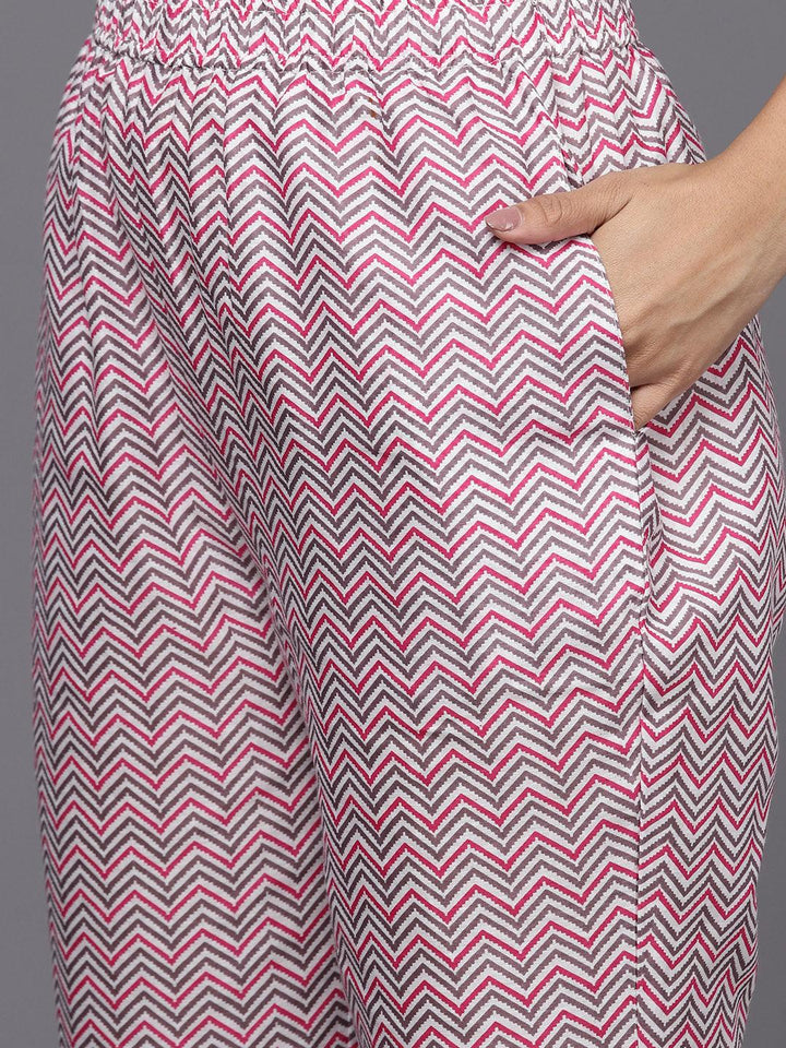 Grey Printed Cotton Straight Kurta With Trousers & Dupatta