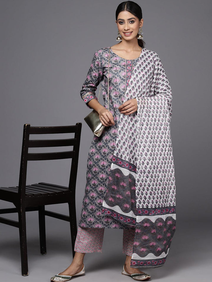 Grey Printed Cotton Straight Kurta With Trousers & Dupatta