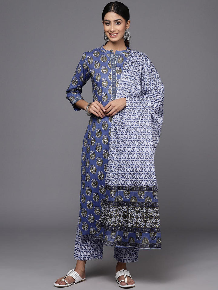 Blue Printed Cotton Straight Kurta With Trousers & Dupatta
