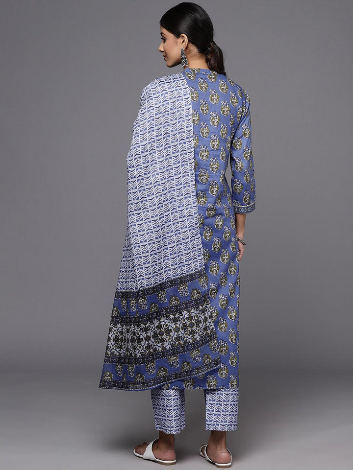Blue Printed Cotton Straight Kurta With Trousers & Dupatta
