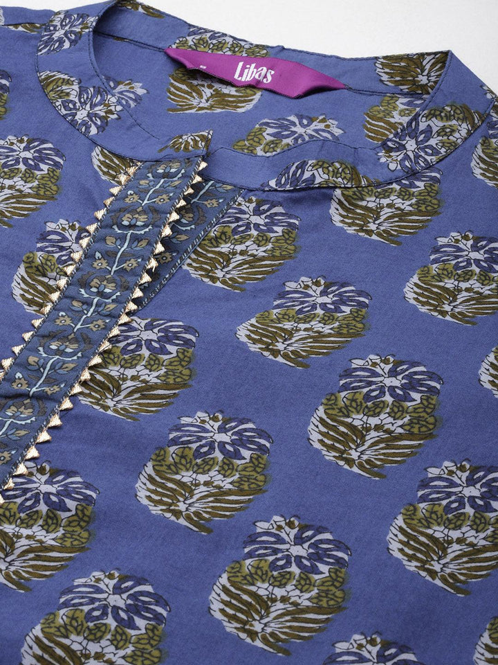 Blue Printed Cotton Straight Kurta With Trousers & Dupatta