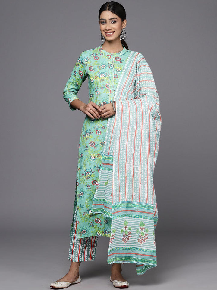 Green Printed Cotton Straight Kurta With Trousers & Dupatta