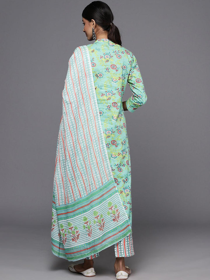 Green Printed Cotton Straight Kurta With Trousers & Dupatta