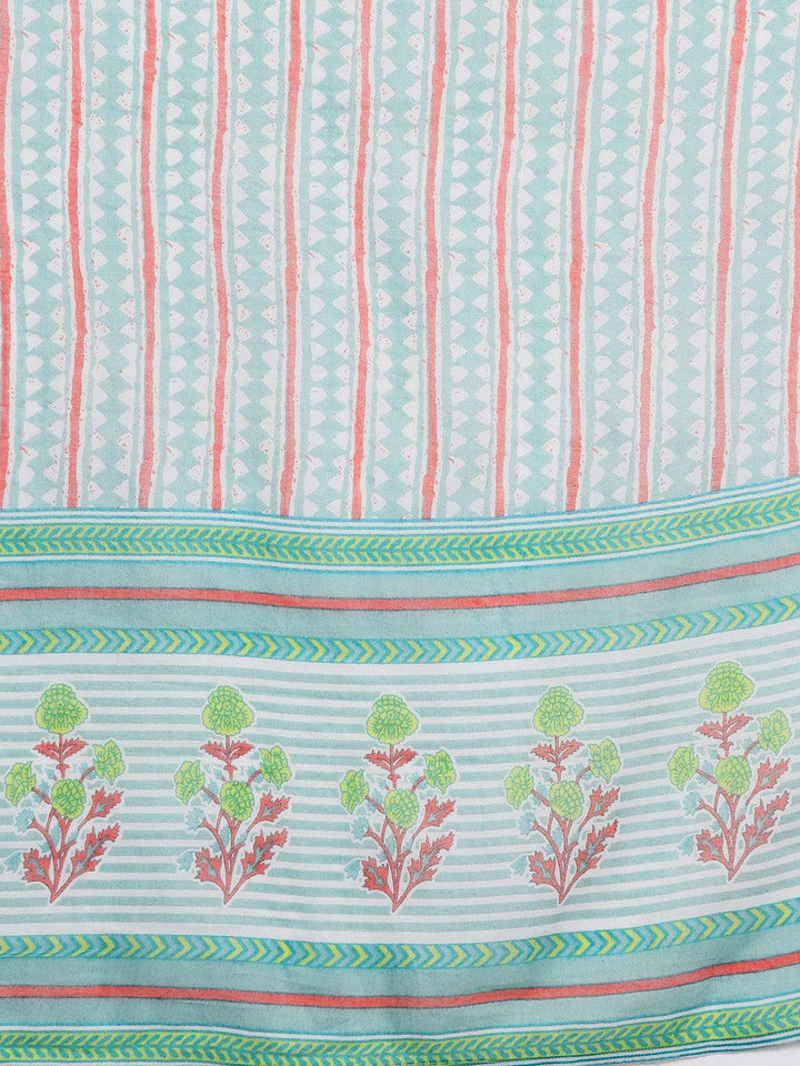 Green Printed Cotton Straight Kurta With Trousers & Dupatta