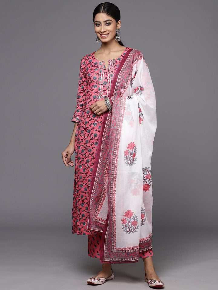 Pink Printed Cotton Straight Kurta With Trousers & Dupatta
