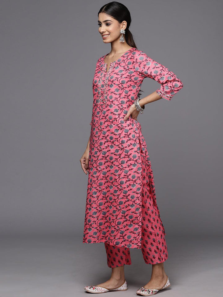 Pink Printed Cotton Straight Kurta With Trousers & Dupatta