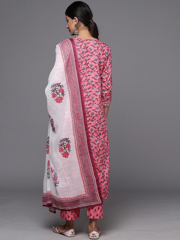 Pink Printed Cotton Straight Kurta With Trousers & Dupatta