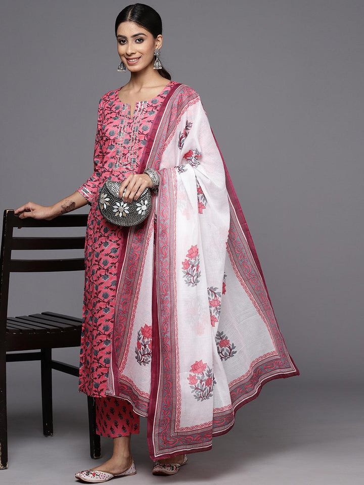 Pink Printed Cotton Straight Kurta With Trousers & Dupatta
