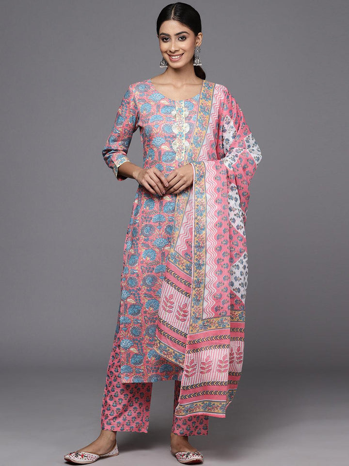 Pink Printed Cotton Straight Kurta With Trousers & Dupatta