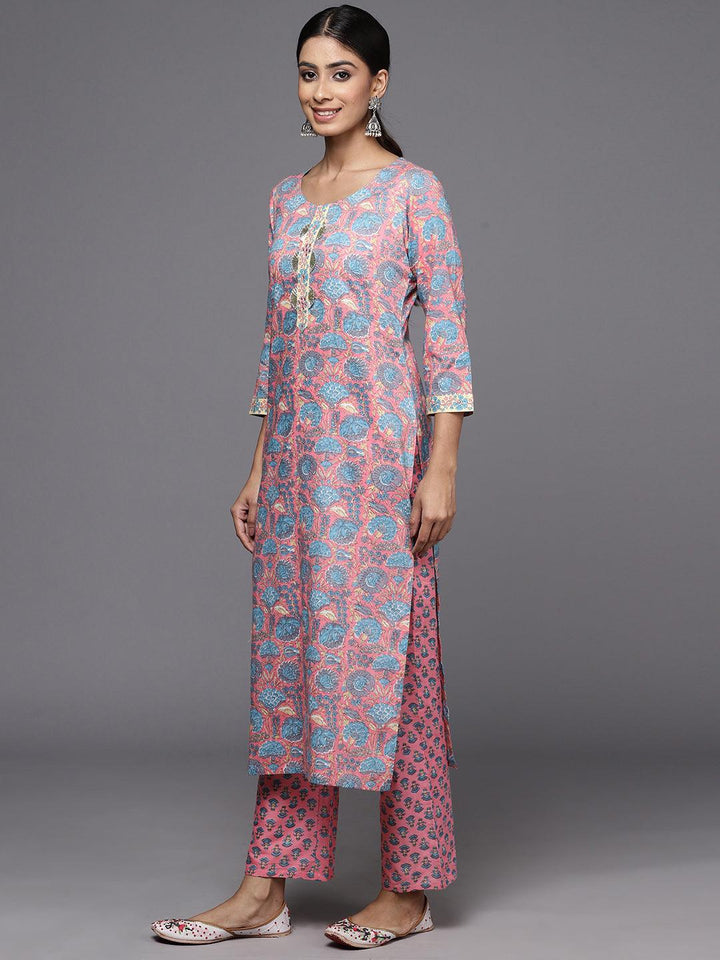 Pink Printed Cotton Straight Kurta With Trousers & Dupatta