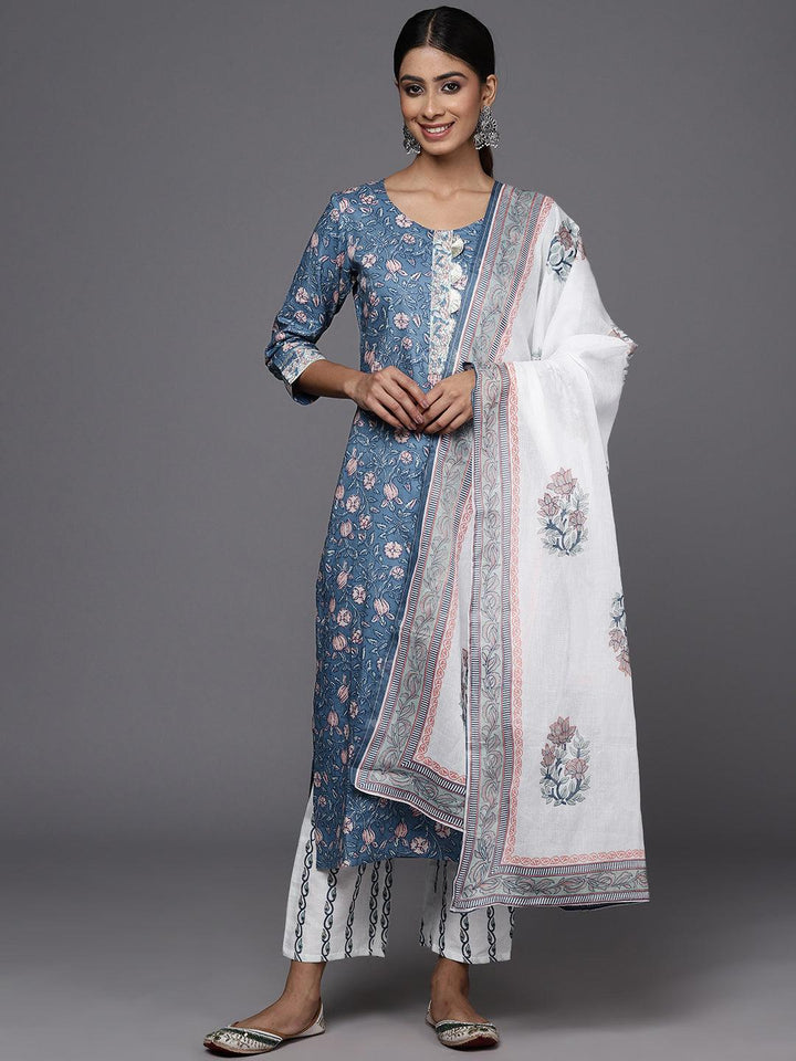 Blue Printed Cotton Straight Kurta With Trousers & Dupatta