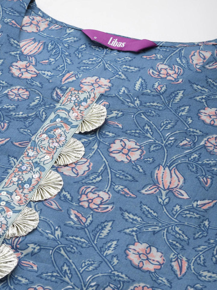 Blue Printed Cotton Straight Kurta With Trousers & Dupatta