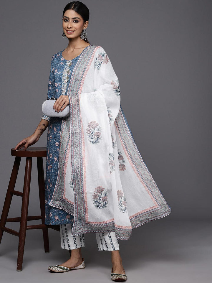 Blue Printed Cotton Straight Kurta With Trousers & Dupatta