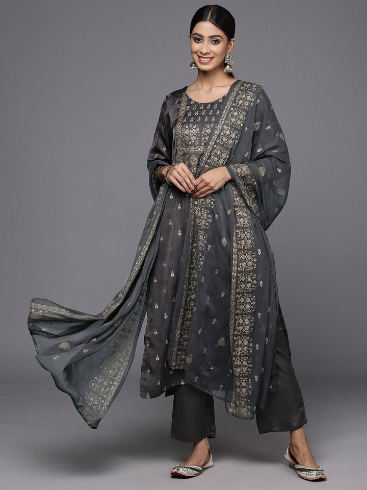 Grey Yoke Design Silk Blend Straight Kurta With Trousers & Dupatta